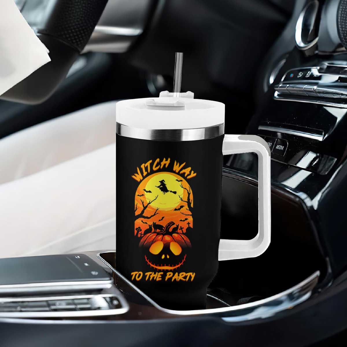 Halloween Witch Way To The Party Tumbler With Handle Black Cat Pumpkin TS12 Print Your Wear
