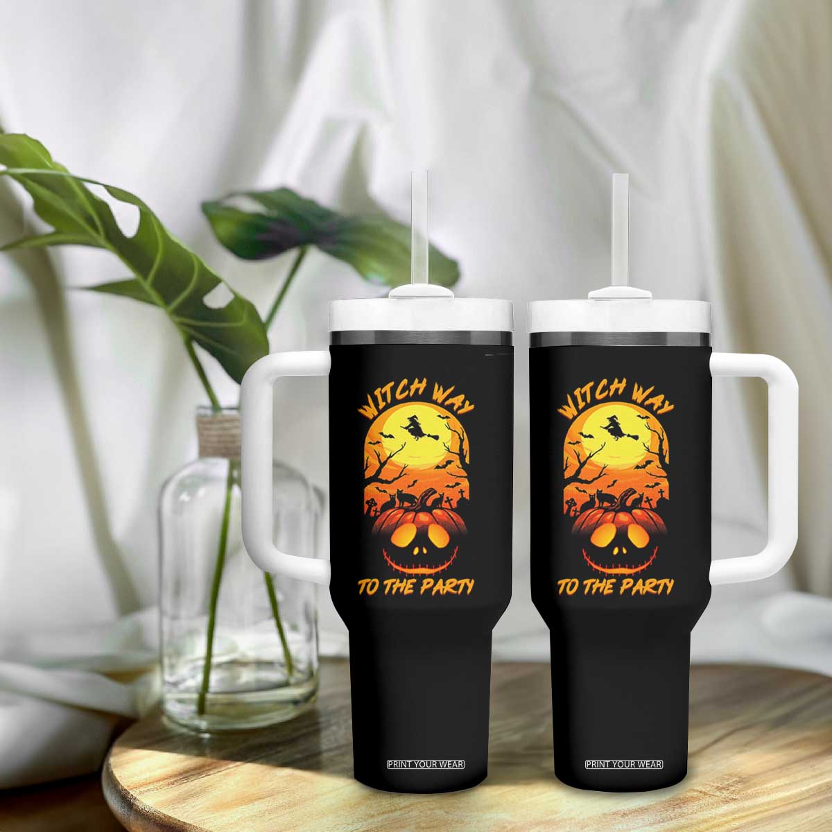 Halloween Witch Way To The Party Tumbler With Handle Black Cat Pumpkin TS12 Print Your Wear