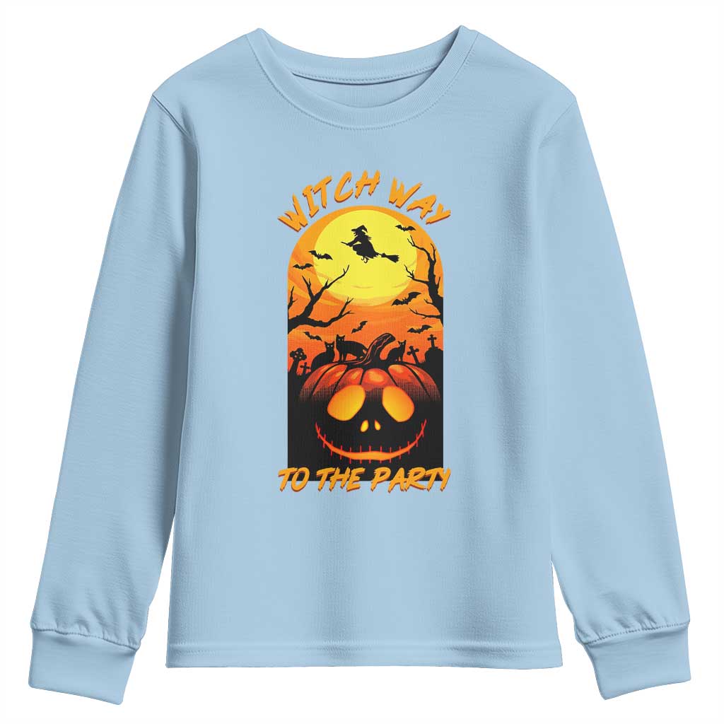 Halloween Witch Way To The Party Youth Sweatshirt Black Cat Pumpkin TS12 Light Blue Print Your Wear