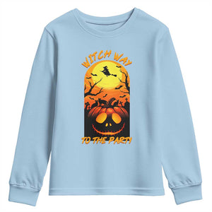 Halloween Witch Way To The Party Youth Sweatshirt Black Cat Pumpkin TS12 Light Blue Print Your Wear