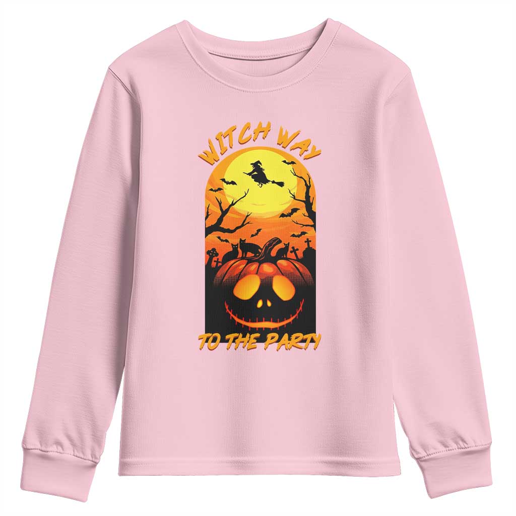 Halloween Witch Way To The Party Youth Sweatshirt Black Cat Pumpkin TS12 Light Pink Print Your Wear