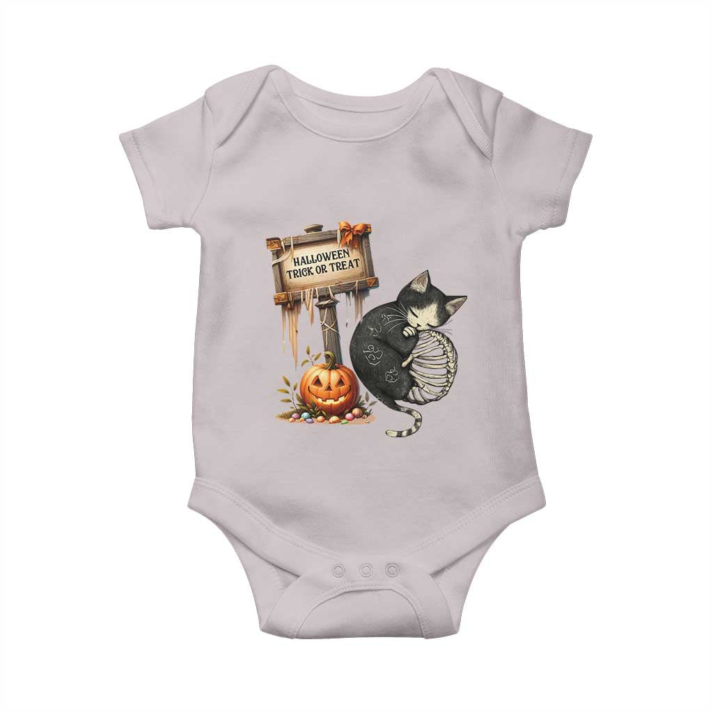 Halloween Trick Or Treat Black Cat Skeleton Baby Onesie TS12 Ice Gray Print Your Wear
