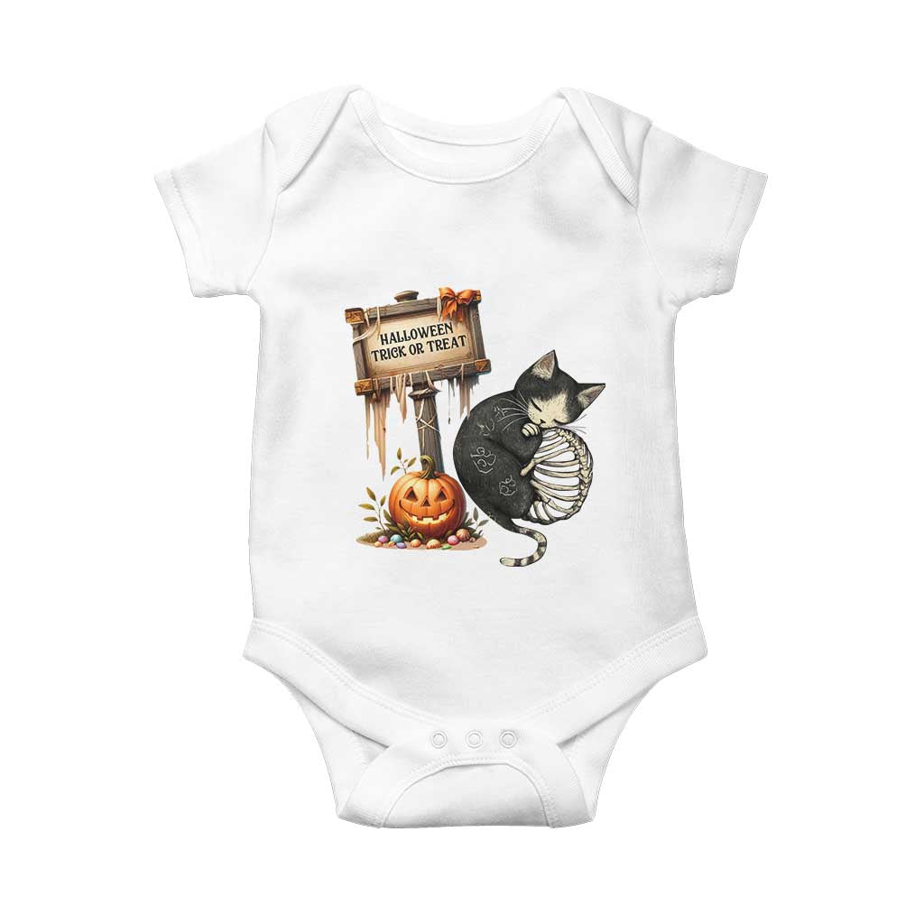 Halloween Trick Or Treat Black Cat Skeleton Baby Onesie TS12 White Print Your Wear
