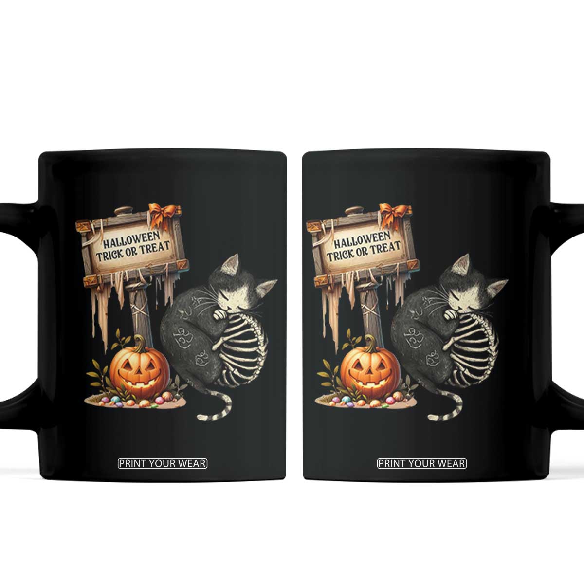 Halloween Trick Or Treat Black Cat Skeleton Halloween Coffee Mug TS12 Black Print Your Wear