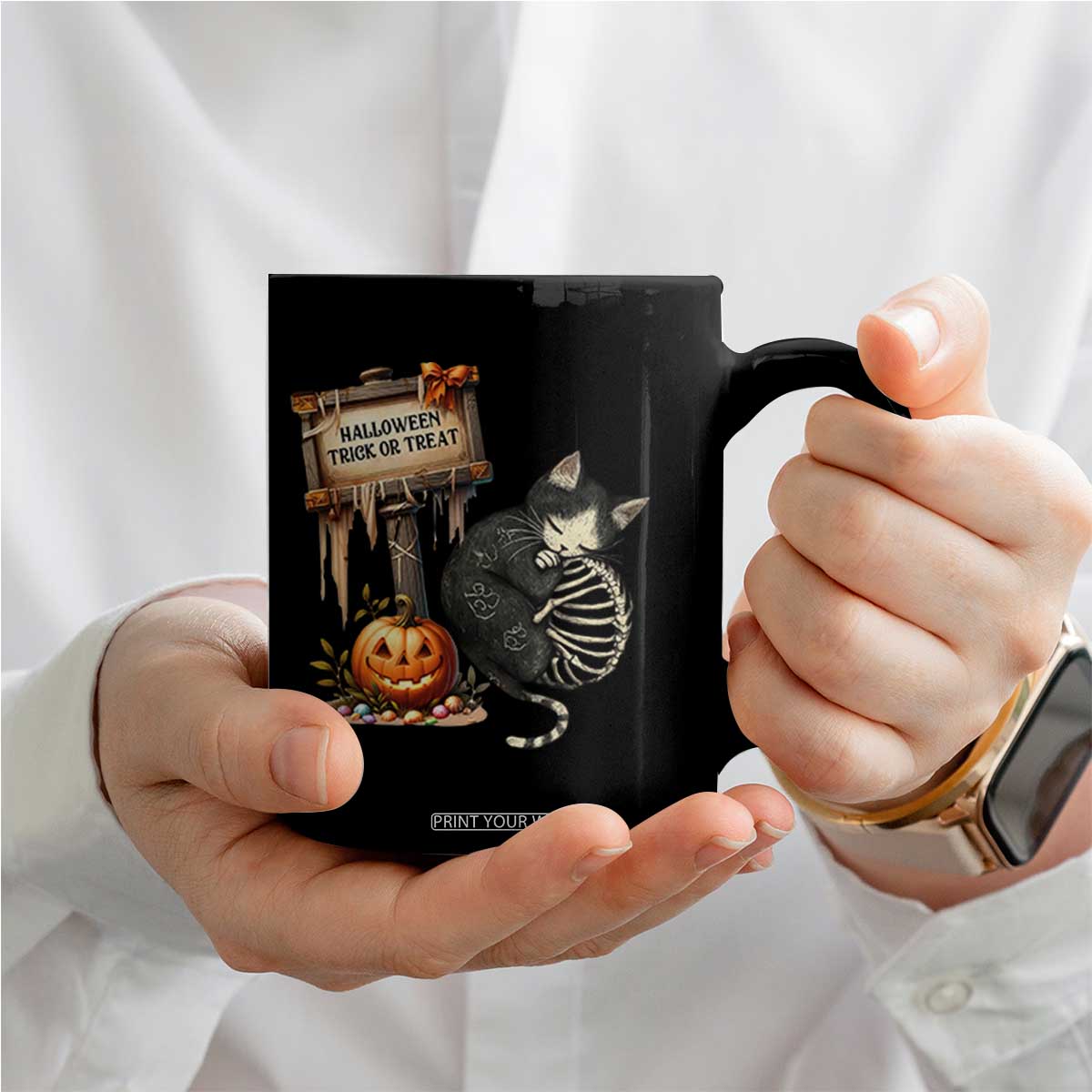 Halloween Trick Or Treat Black Cat Skeleton Halloween Coffee Mug TS12 Print Your Wear