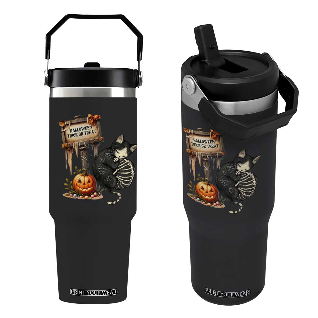 Halloween Trick Or Treat Black Cat Skeleton Halloween Flip Straw Tumbler TS12 One Size: 30 oz Black Print Your Wear