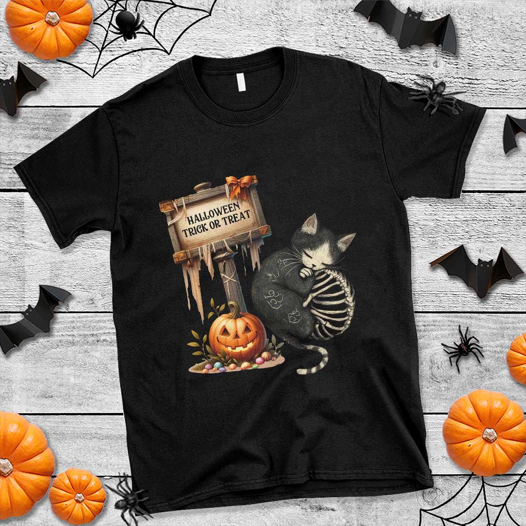 Halloween Trick Or Treat Black Cat Skeleton T Shirt TS12 Black Print Your Wear