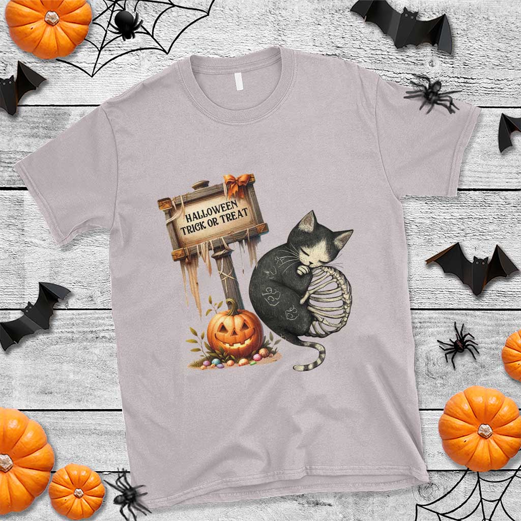Halloween Trick Or Treat Black Cat Skeleton T Shirt TS12 Ice Gray Print Your Wear
