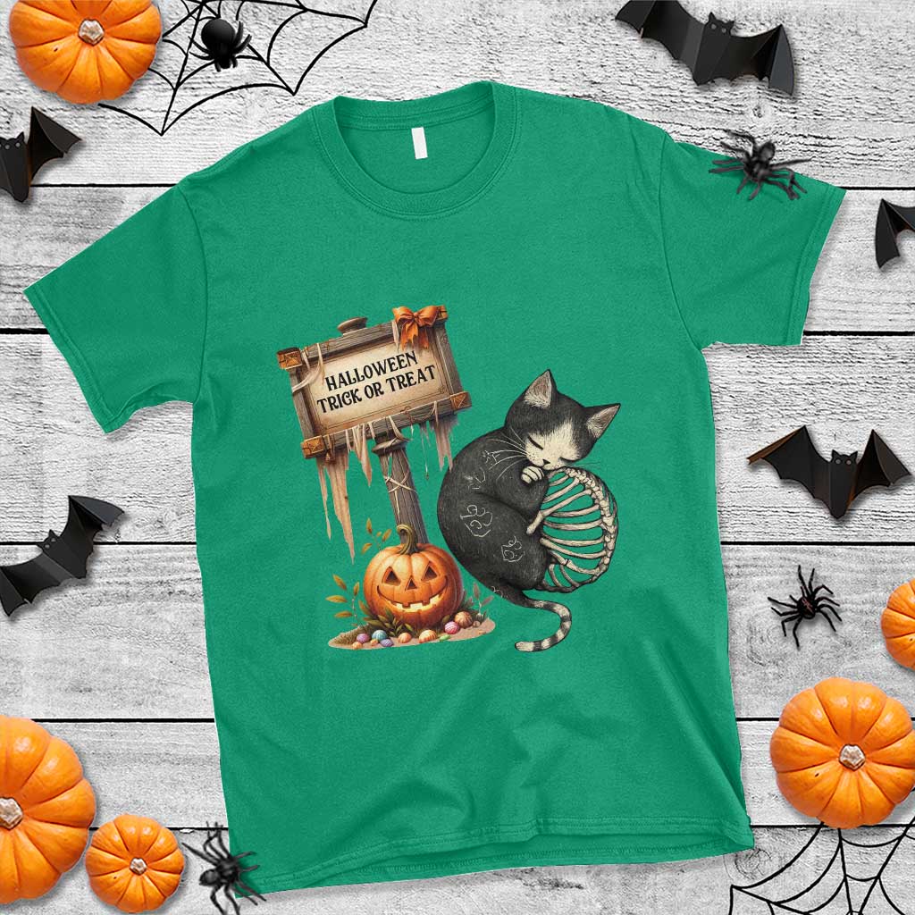 Halloween Trick Or Treat Black Cat Skeleton T Shirt TS12 Irish Green Print Your Wear