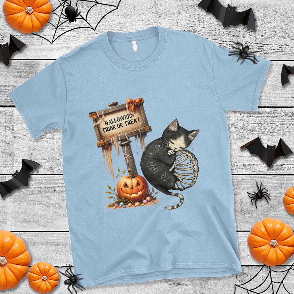 Halloween Trick Or Treat Black Cat Skeleton T Shirt TS12 Light Blue Print Your Wear