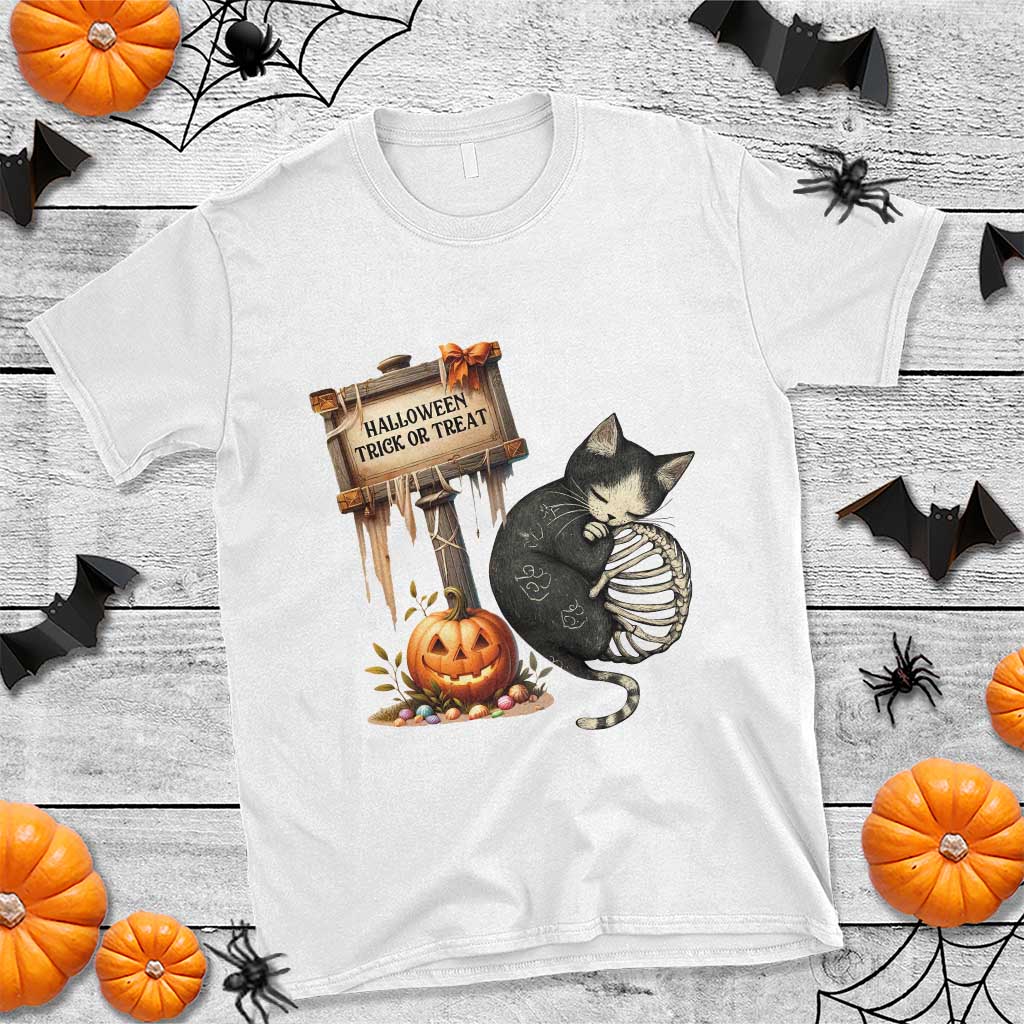 Halloween Trick Or Treat Black Cat Skeleton T Shirt TS12 White Print Your Wear