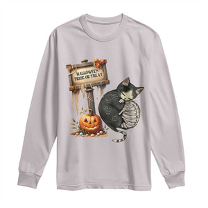 Halloween Trick Or Treat Black Cat Skeleton Long Sleeve Shirt TS12 Ice Gray Print Your Wear