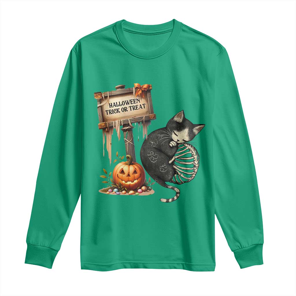 Halloween Trick Or Treat Black Cat Skeleton Long Sleeve Shirt TS12 Irish Green Print Your Wear