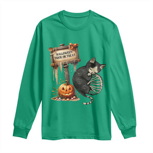 Halloween Trick Or Treat Black Cat Skeleton Long Sleeve Shirt TS12 Irish Green Print Your Wear