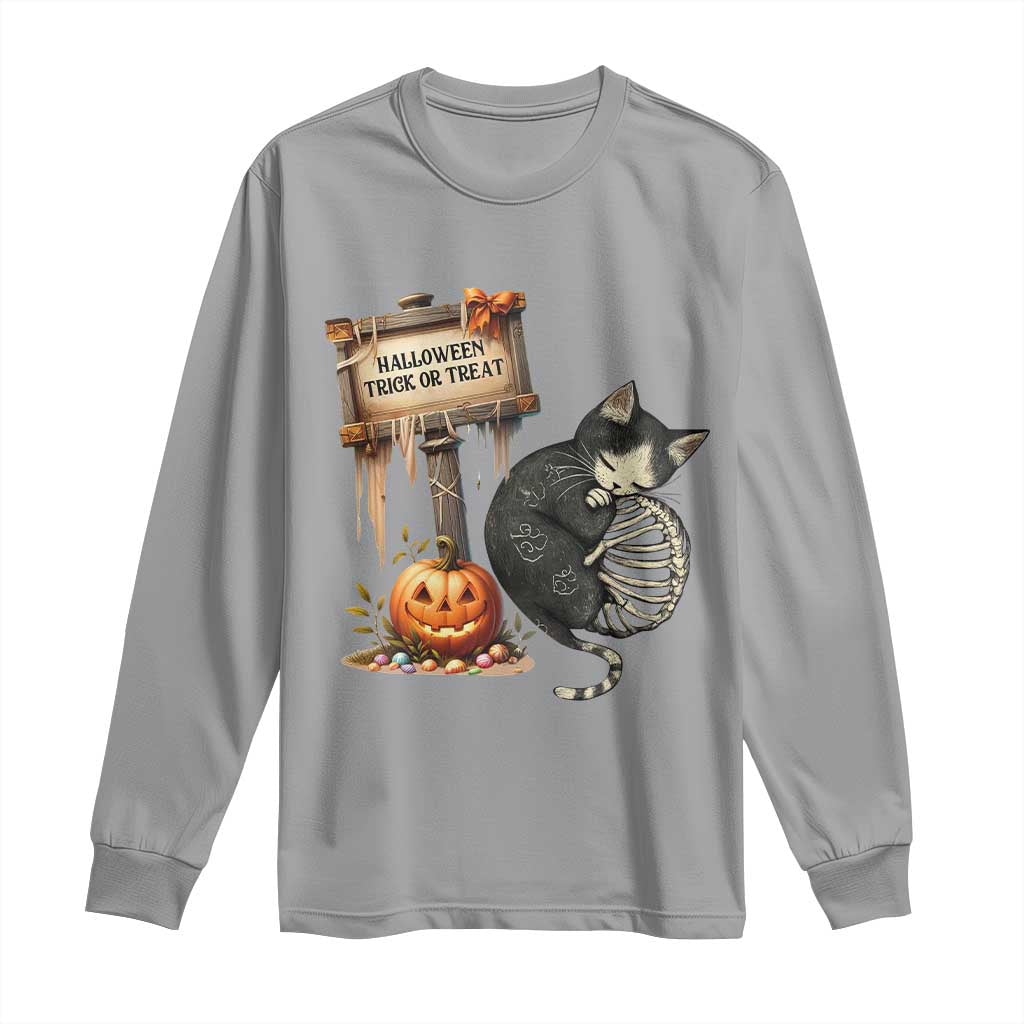Halloween Trick Or Treat Black Cat Skeleton Long Sleeve Shirt TS12 Sport Gray Print Your Wear