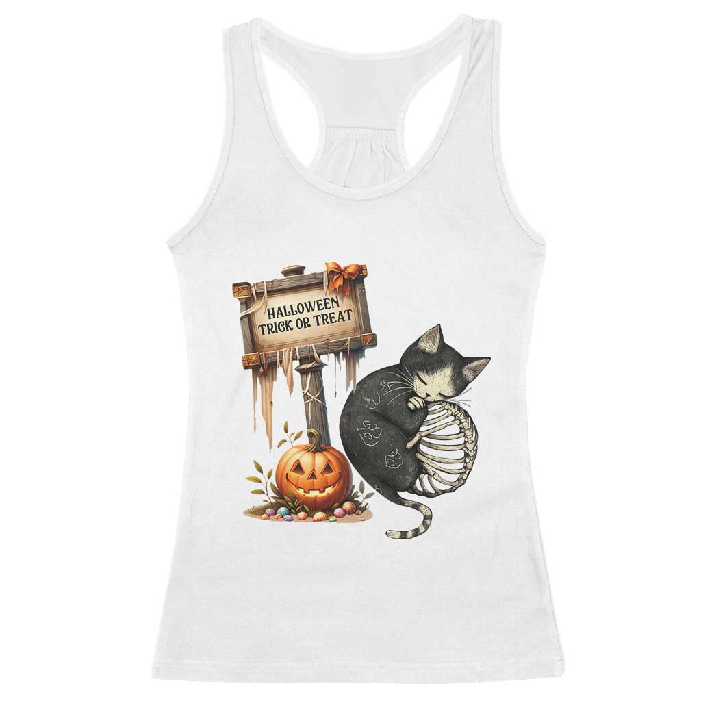 Halloween Trick Or Treat Black Cat Skeleton Racerback Tank Top TS12 White Print Your Wear