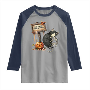 Halloween Trick Or Treat Black Cat Skeleton Halloween Raglan Shirt TS12 Sport Gray Navy Print Your Wear