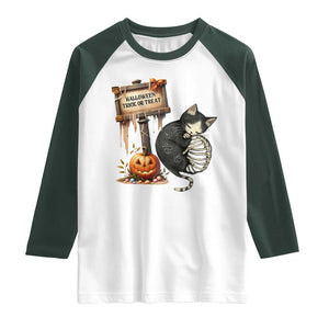 Halloween Trick Or Treat Black Cat Skeleton Halloween Raglan Shirt TS12 White Dark Forest Green Print Your Wear
