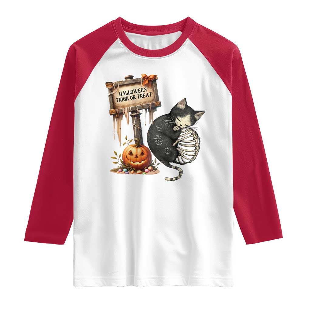 Halloween Trick Or Treat Black Cat Skeleton Halloween Raglan Shirt TS12 White Red Print Your Wear