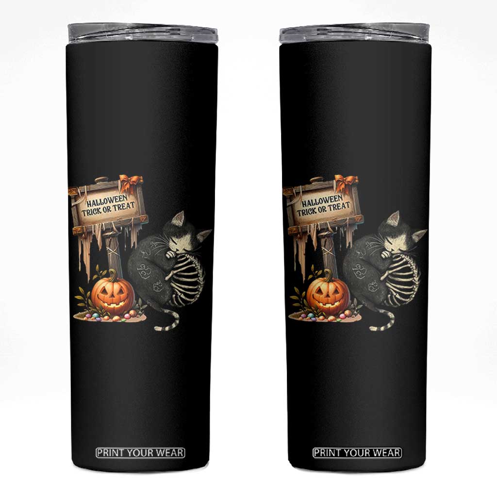 Halloween Trick Or Treat Black Cat Skeleton Halloween Skinny Tumbler TS12 Black Print Your Wear