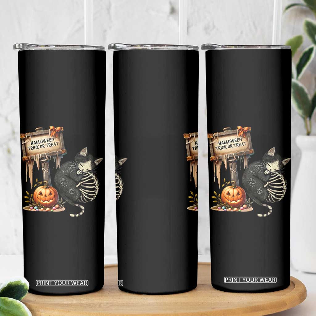 Halloween Trick Or Treat Black Cat Skeleton Halloween Skinny Tumbler TS12 Print Your Wear