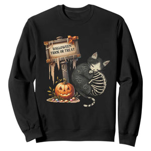 Halloween Trick Or Treat Black Cat Skeleton Sweatshirt TS12 Black Print Your Wear