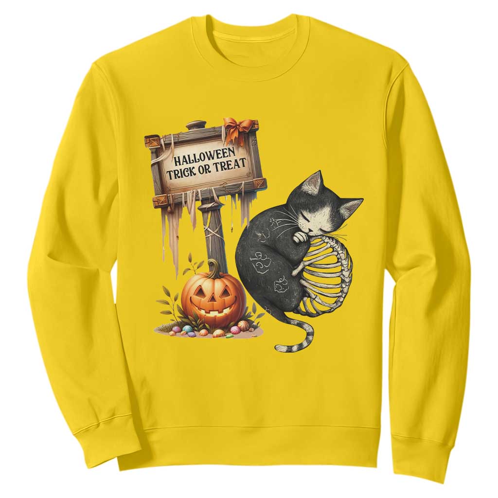 Halloween Trick Or Treat Black Cat Skeleton Sweatshirt TS12 Daisy Print Your Wear