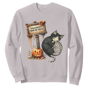 Halloween Trick Or Treat Black Cat Skeleton Sweatshirt TS12 Ice Gray Print Your Wear