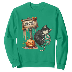 Halloween Trick Or Treat Black Cat Skeleton Sweatshirt TS12 Irish Green Print Your Wear