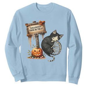 Halloween Trick Or Treat Black Cat Skeleton Sweatshirt TS12 Light Blue Print Your Wear
