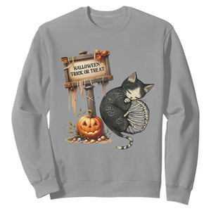 Halloween Trick Or Treat Black Cat Skeleton Sweatshirt TS12 Sport Gray Print Your Wear