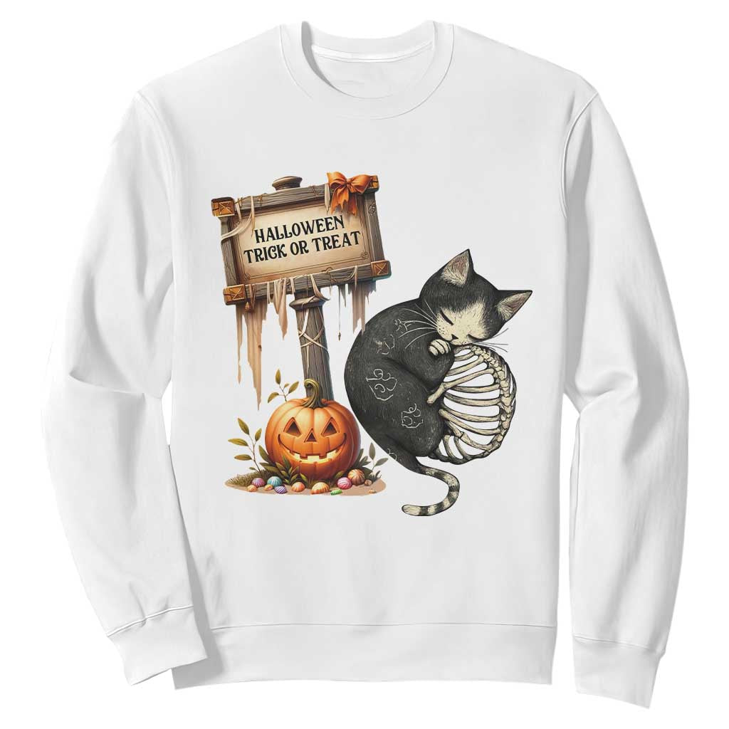 Halloween Trick Or Treat Black Cat Skeleton Sweatshirt TS12 White Print Your Wear