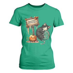 Halloween Trick Or Treat Black Cat Skeleton T Shirt For Women TS12 Irish Green Print Your Wear