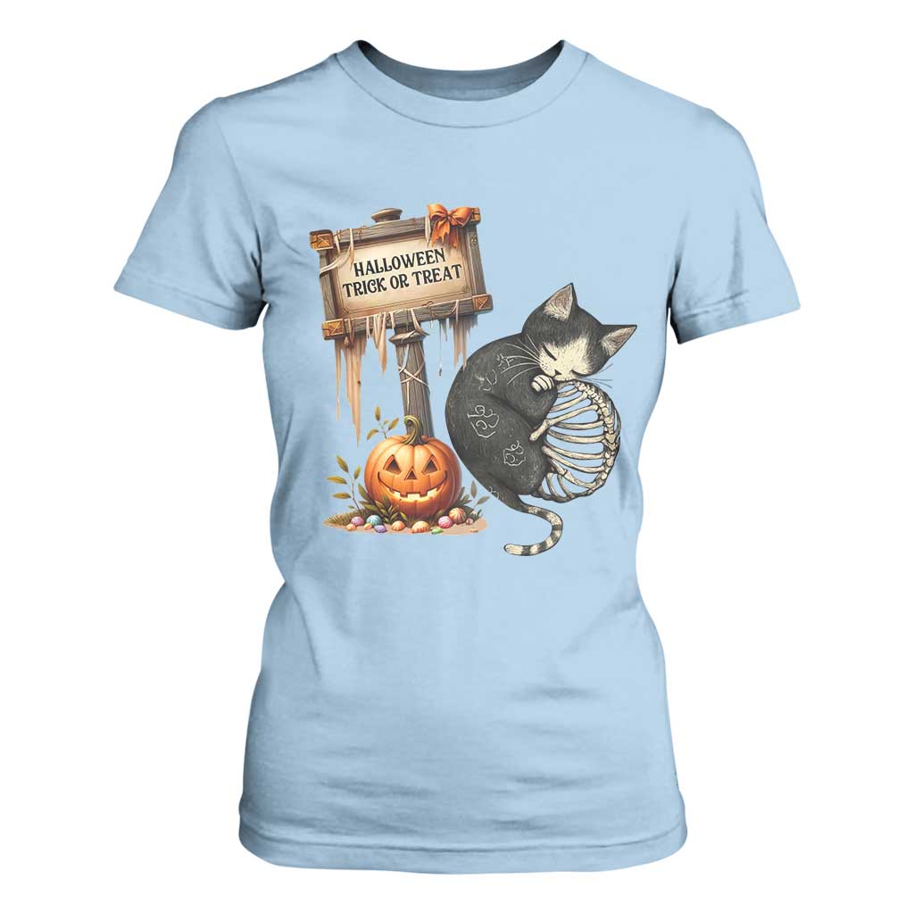 Halloween Trick Or Treat Black Cat Skeleton T Shirt For Women TS12 Light Blue Print Your Wear