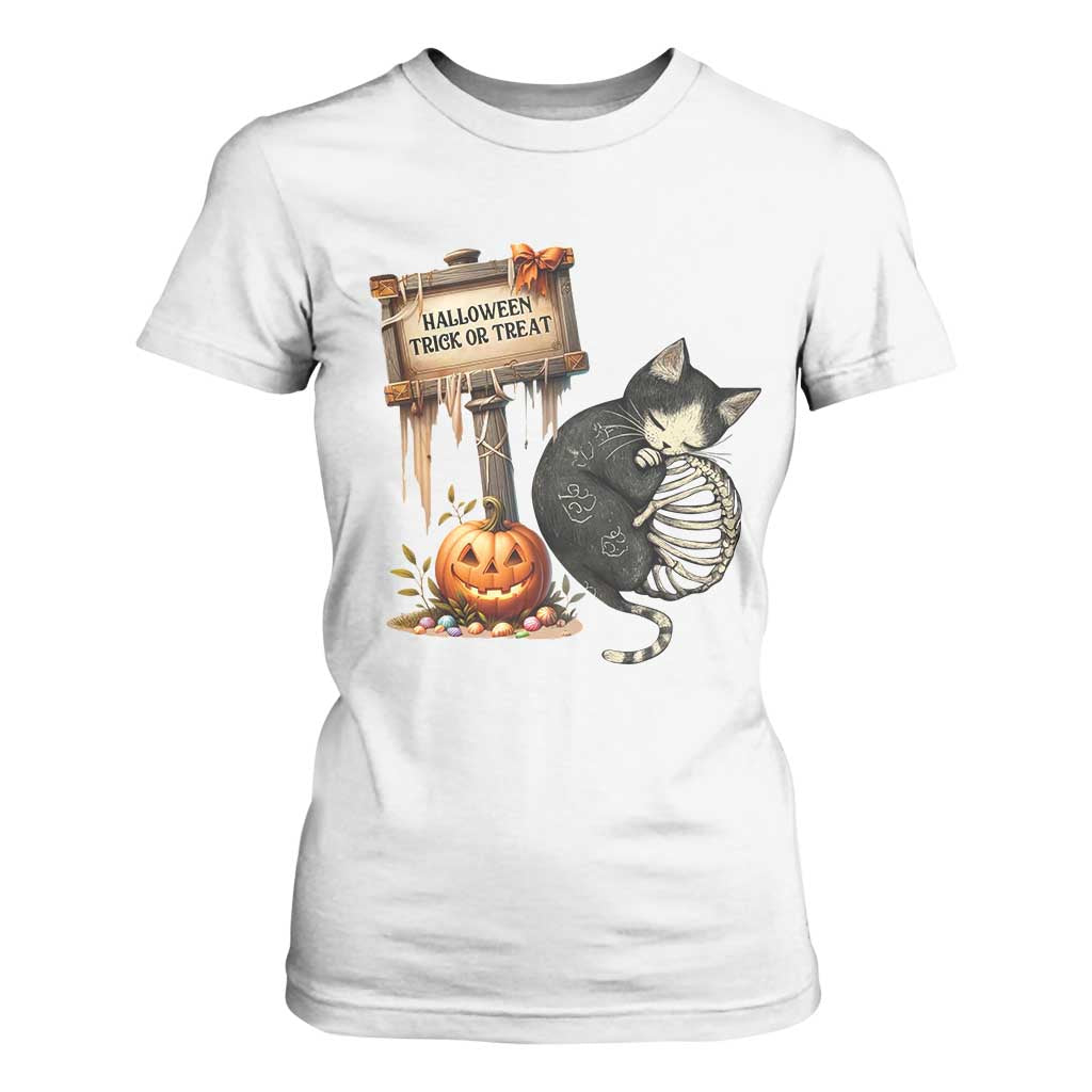 Halloween Trick Or Treat Black Cat Skeleton T Shirt For Women TS12 White Print Your Wear