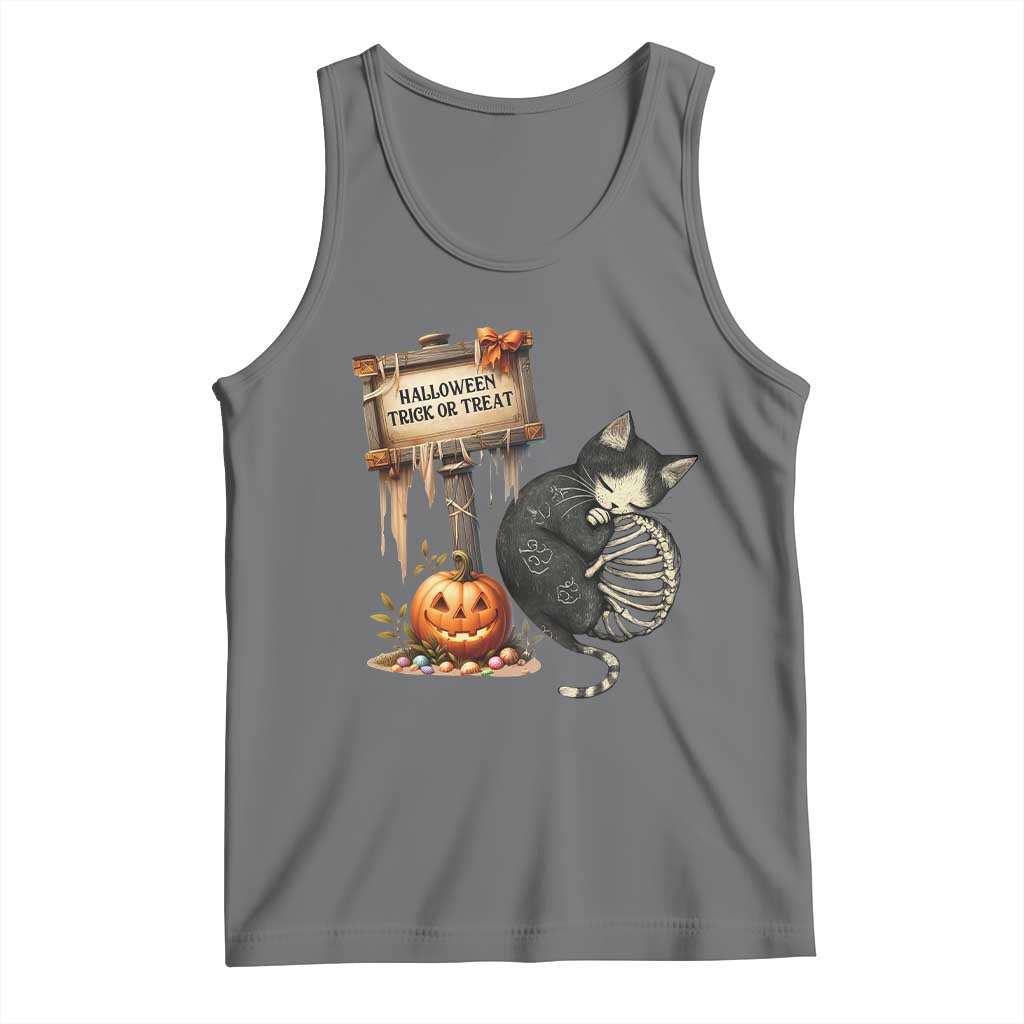 Halloween Trick Or Treat Black Cat Skeleton Halloween Tank Top TS12 Black Heather Print Your Wear