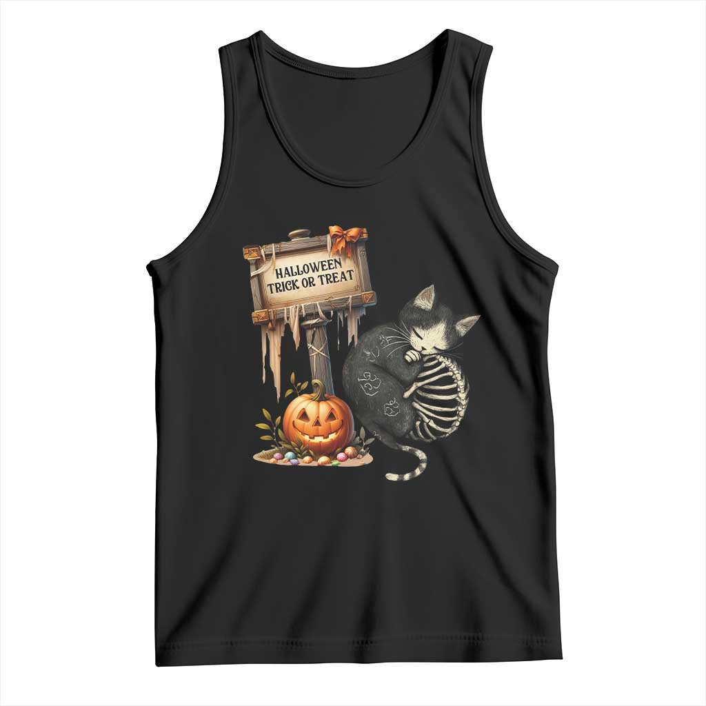 Halloween Trick Or Treat Black Cat Skeleton Halloween Tank Top TS12 Black Print Your Wear