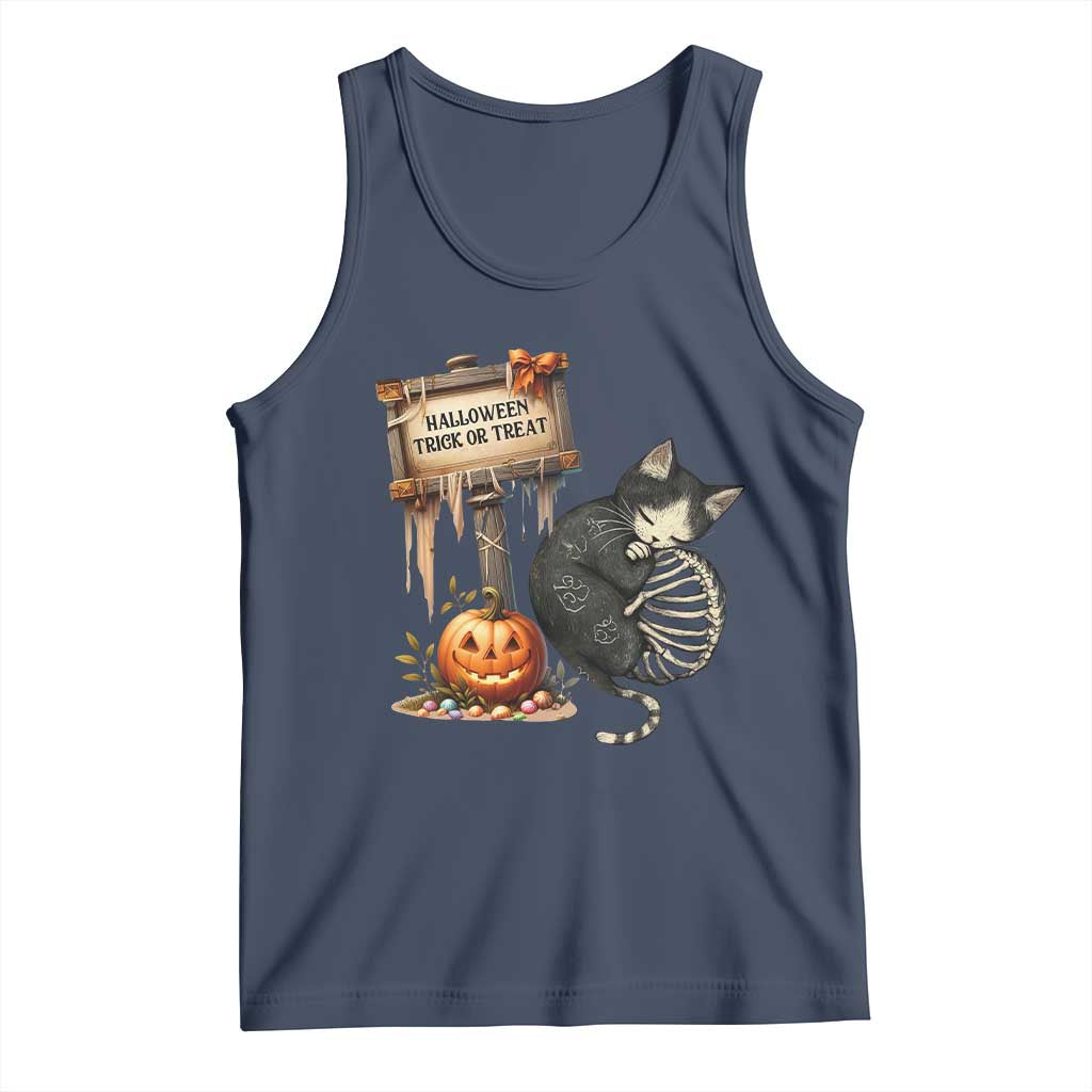 Halloween Trick Or Treat Black Cat Skeleton Halloween Tank Top TS12 Navy Print Your Wear