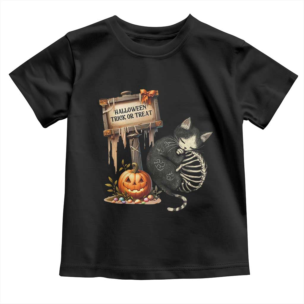 Halloween Trick Or Treat Black Cat Skeleton Toddler T Shirt TS12 Black Print Your Wear