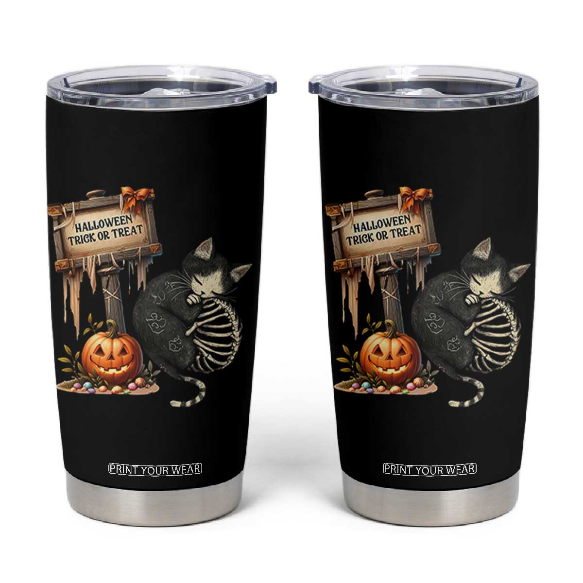 Halloween Trick Or Treat Black Cat Skeleton Halloween Tumbler Cup TS12 Black Print Your Wear