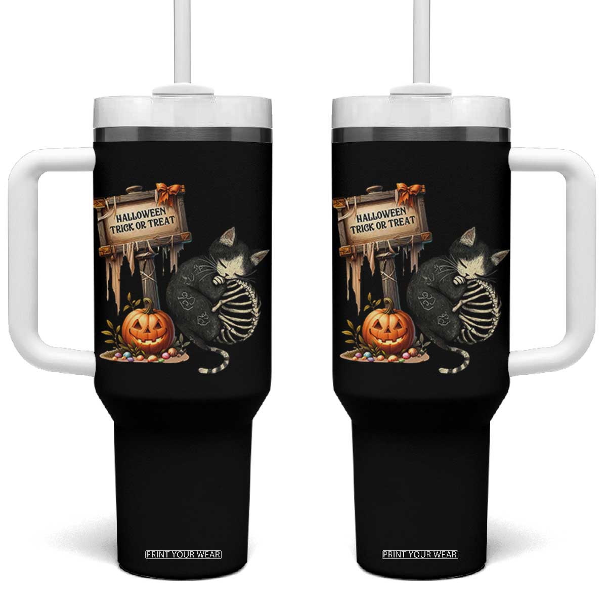 Halloween Trick Or Treat Black Cat Skeleton Halloween Tumbler With Handle TS12 One Size: 40 oz Black Print Your Wear