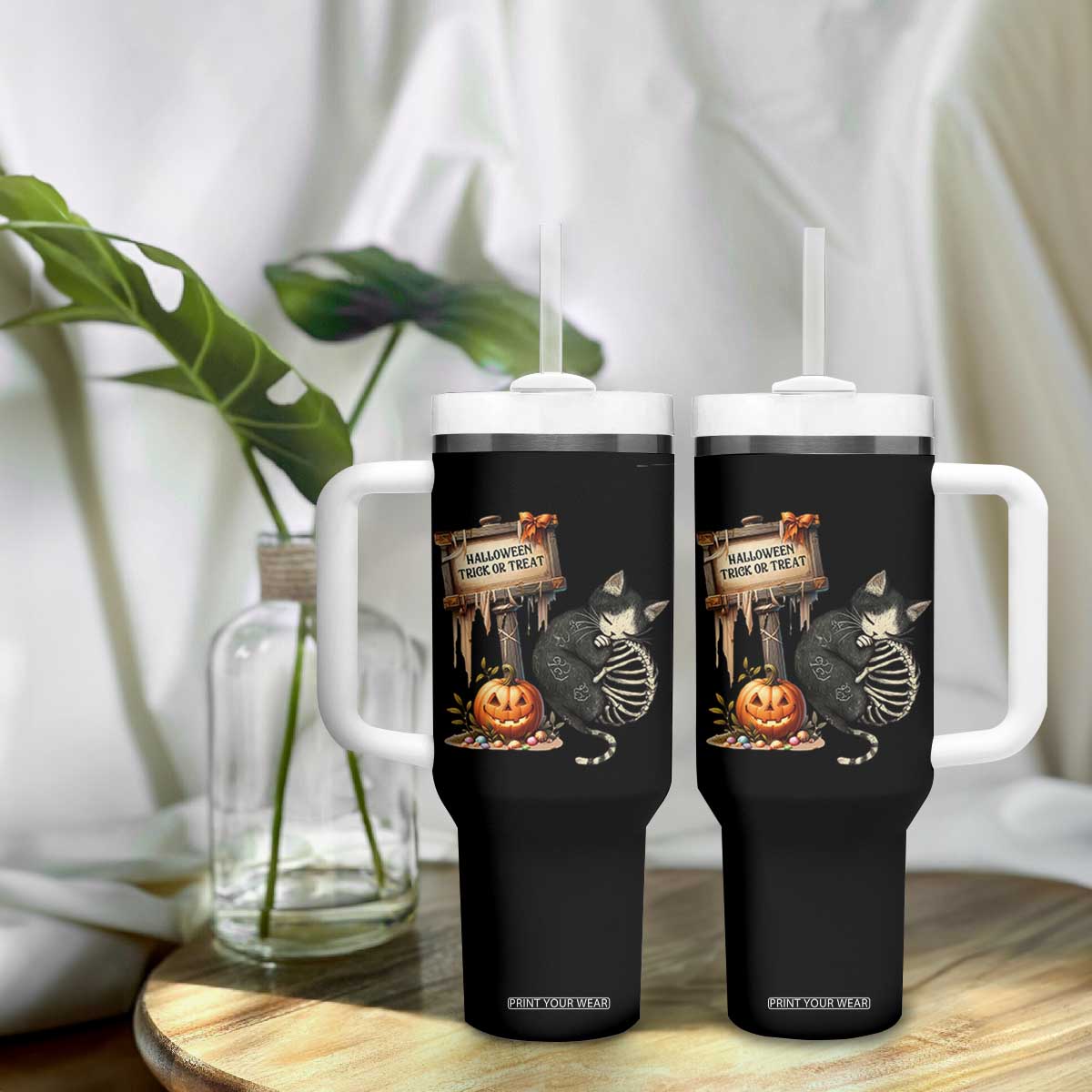 Halloween Trick Or Treat Black Cat Skeleton Halloween Tumbler With Handle TS12 Print Your Wear