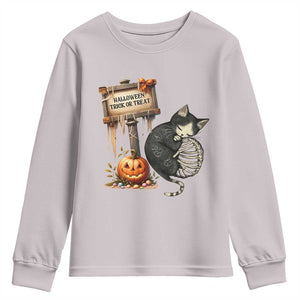 Halloween Trick Or Treat Black Cat Skeleton Youth Sweatshirt TS12 Ice Gray Print Your Wear