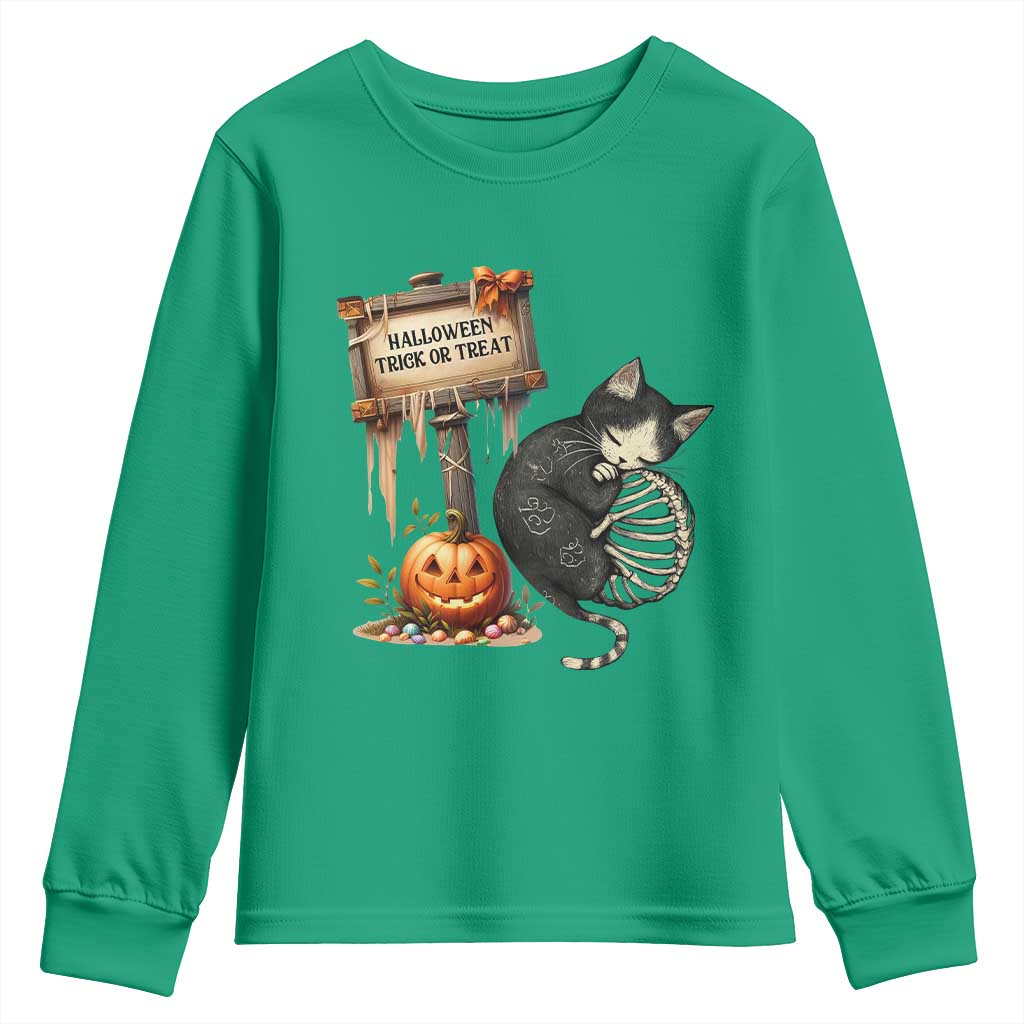 Halloween Trick Or Treat Black Cat Skeleton Youth Sweatshirt TS12 Irish Green Print Your Wear