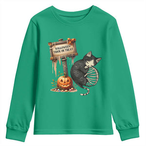 Halloween Trick Or Treat Black Cat Skeleton Youth Sweatshirt TS12 Irish Green Print Your Wear