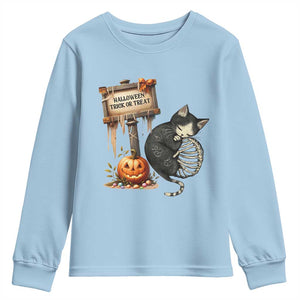 Halloween Trick Or Treat Black Cat Skeleton Youth Sweatshirt TS12 Light Blue Print Your Wear