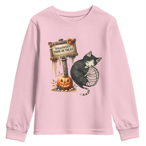 Halloween Trick Or Treat Black Cat Skeleton Youth Sweatshirt TS12 Light Pink Print Your Wear