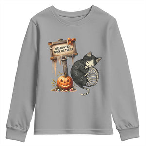 Halloween Trick Or Treat Black Cat Skeleton Youth Sweatshirt TS12 Sport Gray Print Your Wear