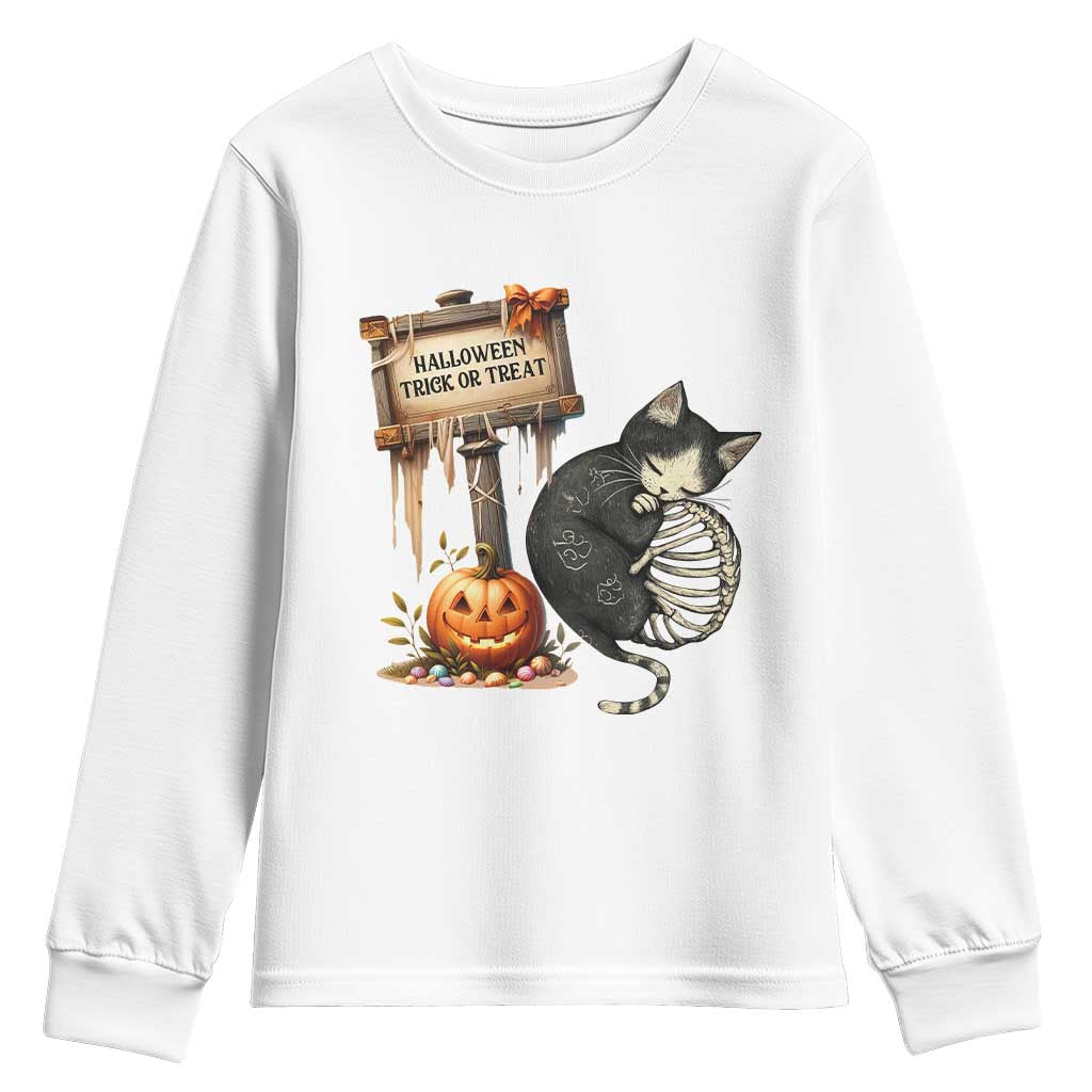 Halloween Trick Or Treat Black Cat Skeleton Youth Sweatshirt TS12 White Print Your Wear