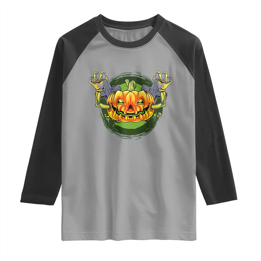 Funny Halloween Pumpkin Ghoul Raglan Shirt Scary Zombie Hands TS12 Sport Gray Black Print Your Wear